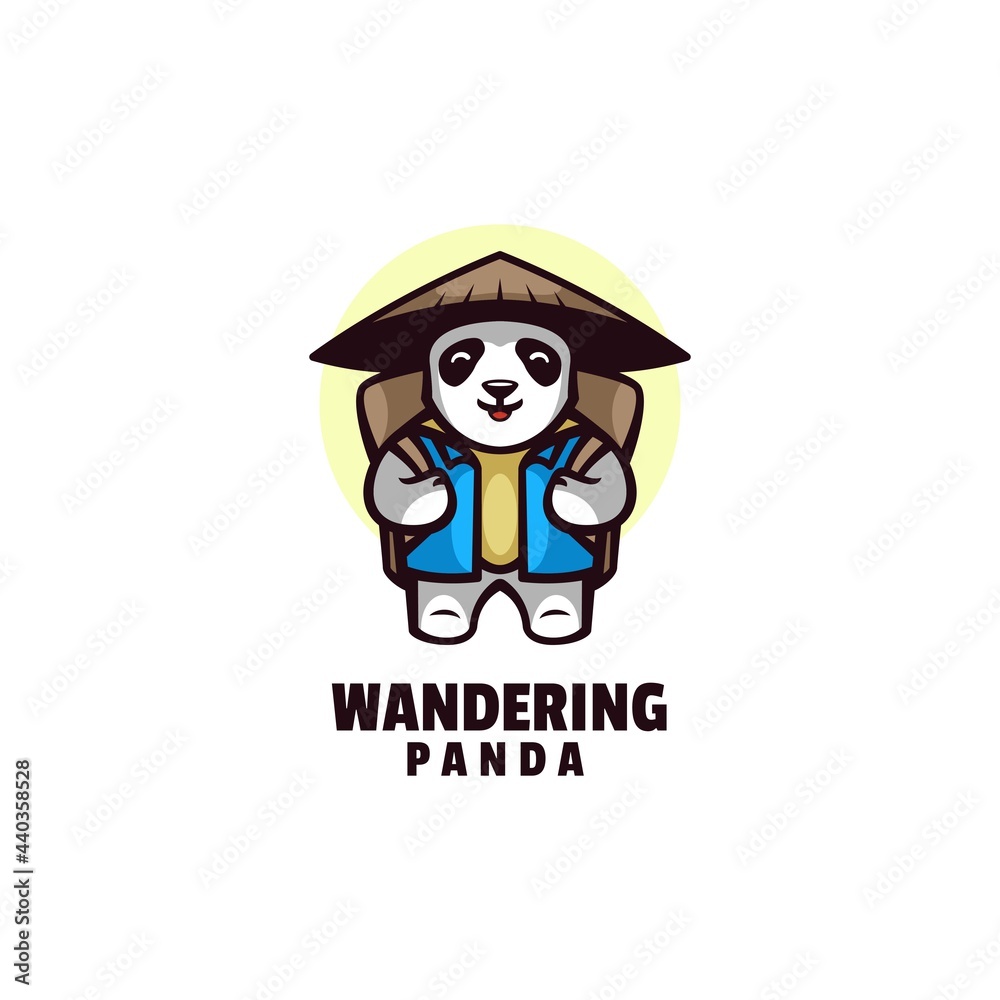 Vector Logo Illustration Wandering Panda Mascot Cartoon Style.