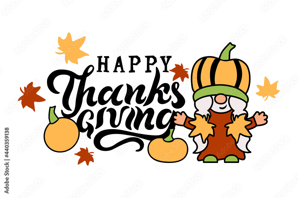 Happy Thanksgiving handwritten lettering and adorable gnome with pumpkins and autumn leaves on white background. Vector illustration.