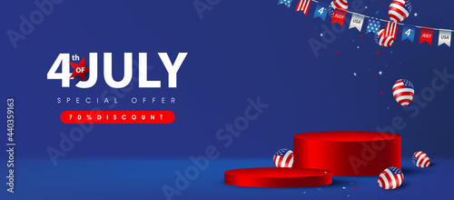 Independence day USA sale banner with product display cylindrical shape and american balloons