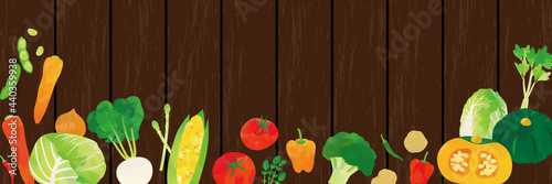 野菜　水彩タッチイラスト 茶色木目背景