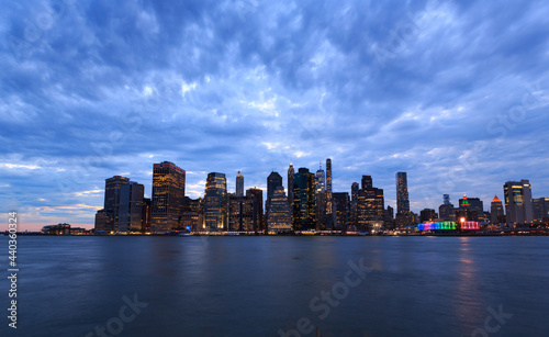 New York City sunset view from Brooklyn during blue hours with clouds celebrates Junteenth