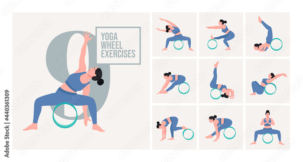 Yoga poses with yoga wheel. Young woman practicing Yoga pose. Woman workout  fitness, aerobic and exercises. Vector Illustration. Stock Vector