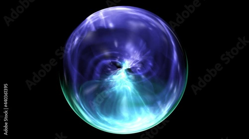 Animated motion of a spiritual meditation in an abstracted crystal ball in a dark background glowing energy flowing in magic crystal ball. Calling spirits to talk, person's fate in sorcerer's hands.4K
