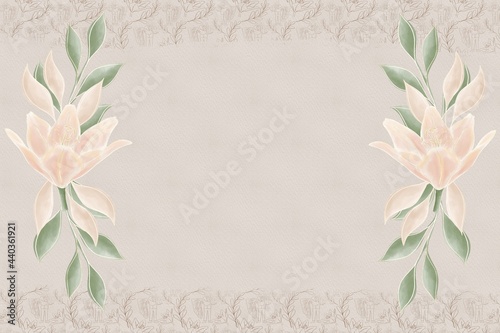 Template, wedding invitations with arrangements of flowers and twigs on a textured background with a small frame pattern