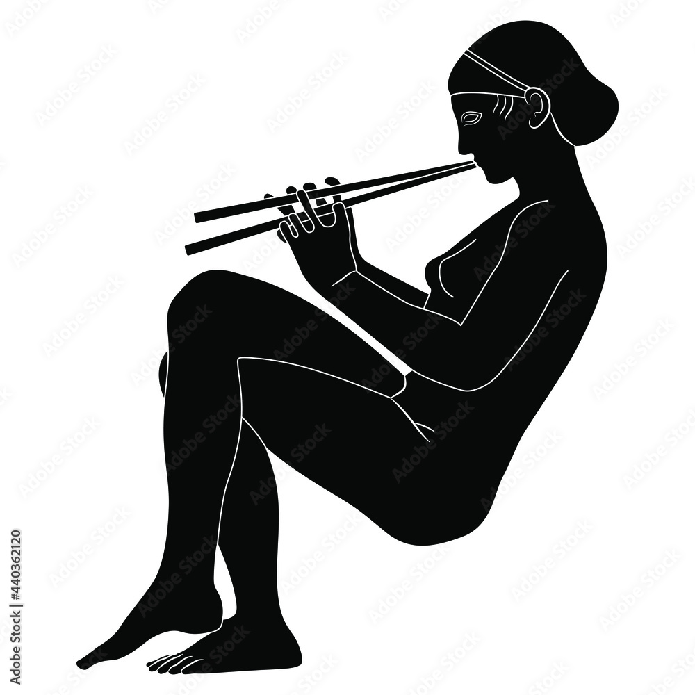 Beautiful seated naked ancient Greek lady playing flute. Antique relief