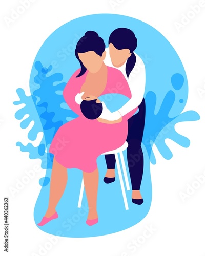 Celebrating Breastfeeding Support Week, 1-7 August. The lactation adviser helps the mother attach the newborn baby. Postpartum support, nursing mothers care. Communicating breastfeeding issues. Vector