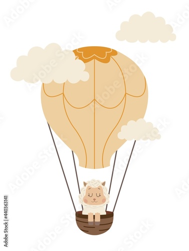 Cute baby sheep on a yellow hot air balloon. Vector illustration for baby shower, greeting card, party invitation.