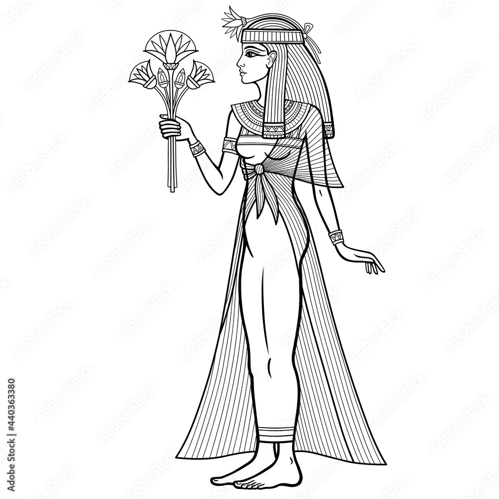 Animation linear portrait: beautiful Egyptian woman stands with a bouquet of flowers in hand. Full growth. Goddess, princess. Profile view. Vector illustration isolated on a white background. 