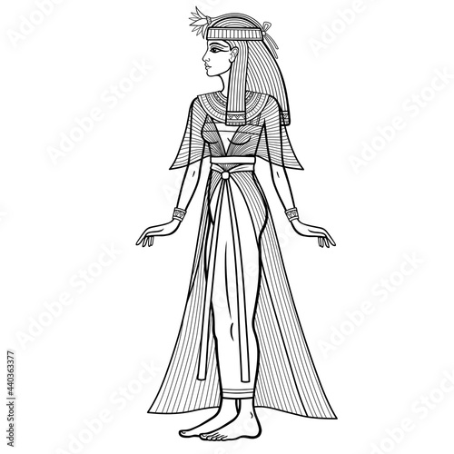 Animation linear portrait: beautiful Egyptian woman in ancient clothes with a flower on the head. Full growth. Goddess, princess. Profile view. Vector illustration isolated on a white background. 