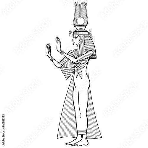 Animation linear portrait: beautiful Egyptian woman in ancient clothes with a crown extends his hand. Full growth. Goddess, princess. Profile view. Vector illustration isolated on a white background. 