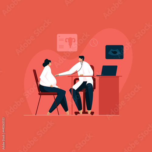 pregnancy and maternity consultation, pregnant women consulting at gynecology office for checkup