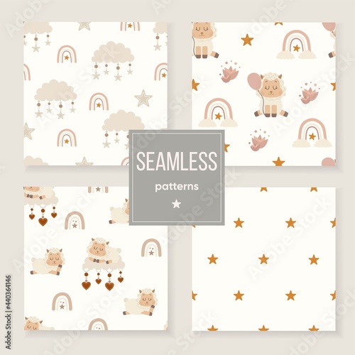 Sheep Seamless patterns. Sweet dreams. Boho style.