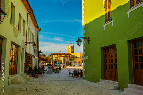 VLORA-VLORE, ALBANIA: Historical multi-colored buildings on the street in the city center.