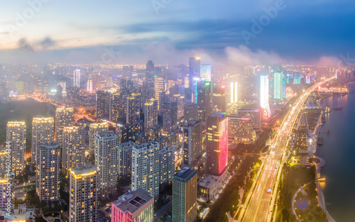 Aerial photography of Qingdao's west coast city buildings at night