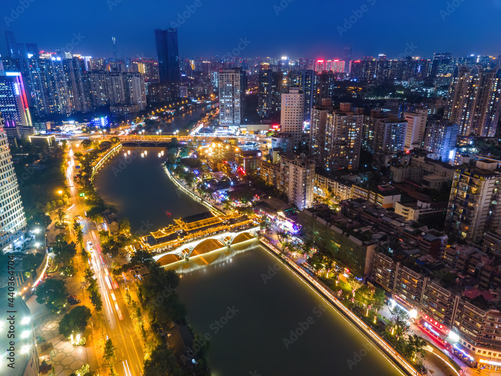 Aerial photography of modern buildings in Chengdu city center at night