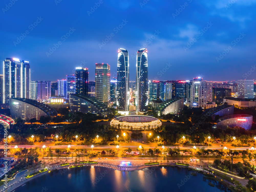 Aerial photography of the modern building skyline night view of Chengdu Financial Center
