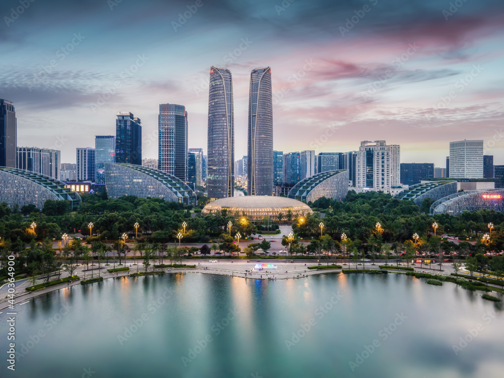 Aerial photography of the modern building skyline night view of Chengdu ...