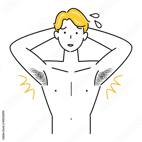上半身はだかで体毛（わき毛）を気にする可愛い男性 イラスト シンプル ベクター