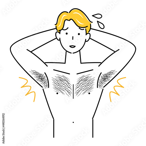 上半身はだかで体毛（胸毛・わき毛）を気にする可愛い男性 イラスト シンプル ベクター