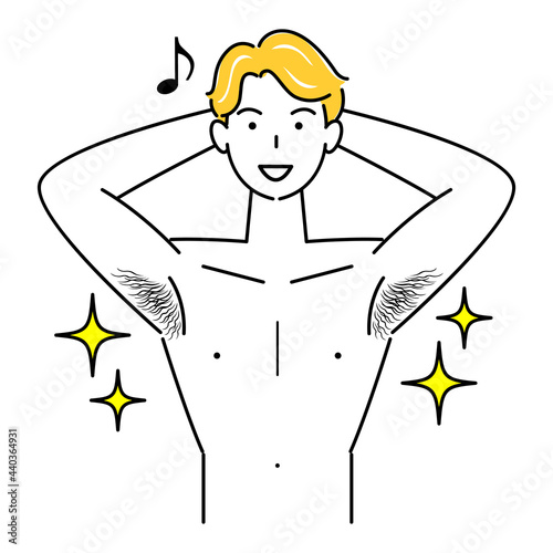 上半身はだかで自慢の体毛（わき毛）を見せている笑顔の可愛い男性 イラスト ベクター
