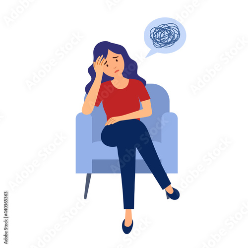 Sad woman sitting on armchair in flat design. Front view of unhappy female worrying about her problem.