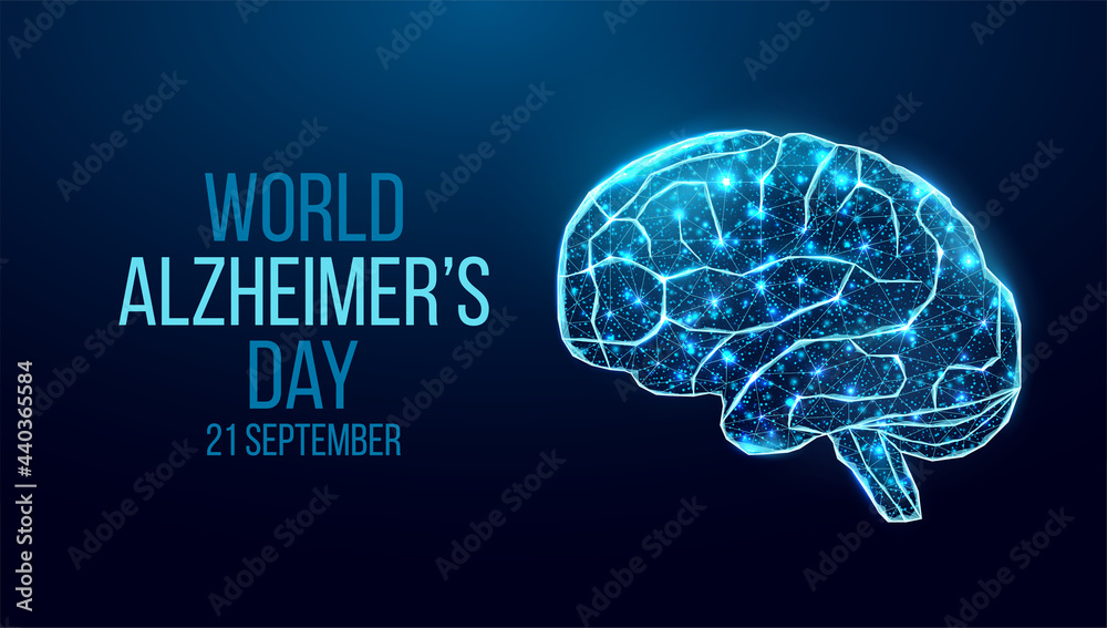 Human brain wireframe. World World Alzheimer's Day concept. Banner template with glowing low poly brain. Futuristic modern abstract. Isolated on dark background. Vector illustration Human brain wireframe. World World Alzheimer's Day concept. Banner template with glowing low poly brain. Futuristic modern abstract. Isolated on dark background. Vector illustration