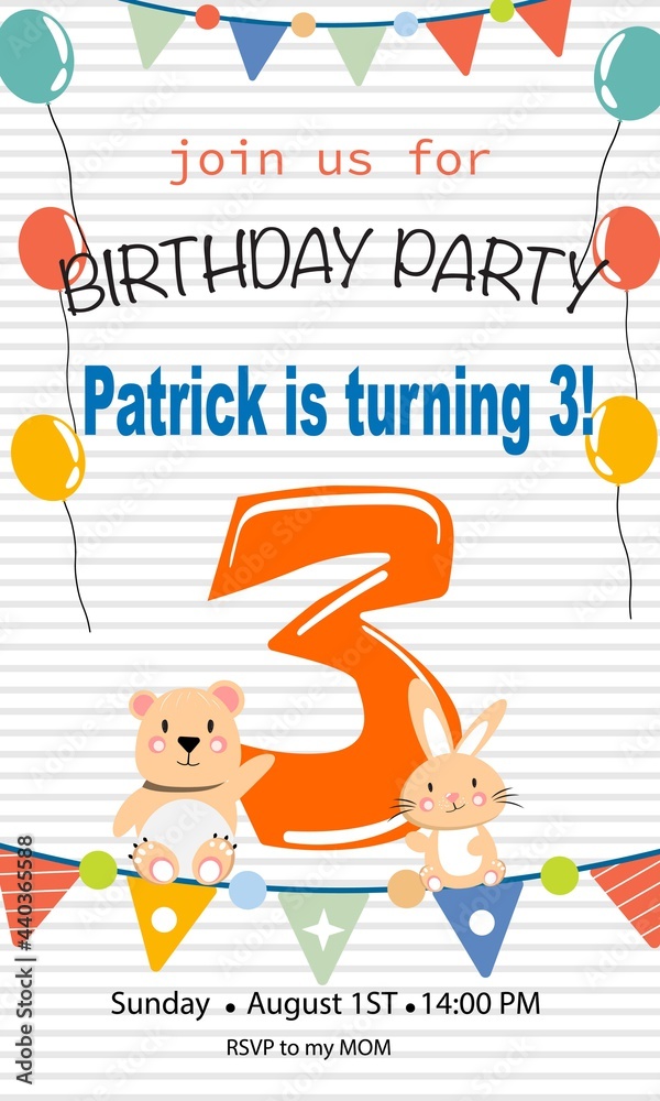 Obraz premium Cute birthday card invitation with bunny and bear for child birthday. Vector template.