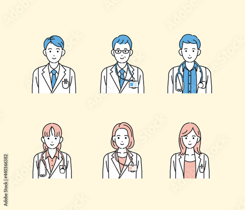 医者　アイコン　女医　研究員　科学者　白衣を着た男女　医療スタッフ　上半身　イラスト素材