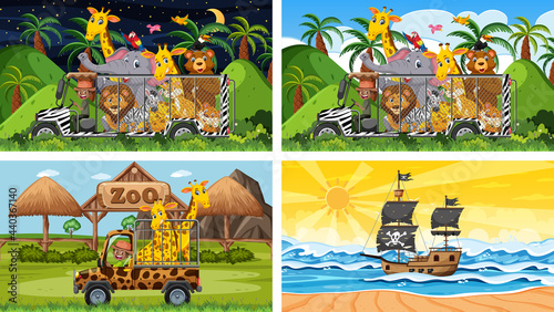 Set of different scenes with pirate ship at the sea and animals in the zoo