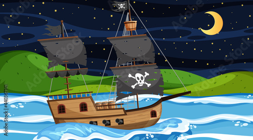 Ocean with Pirate ship at night scene in cartoon style