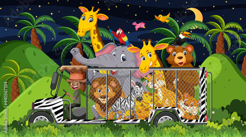 Zoo concept with wild animal group in the cage car
