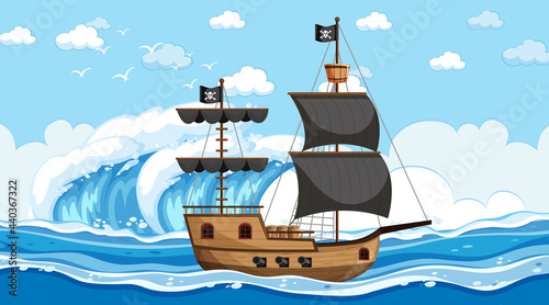 Ocean with Pirate ship at day time scene in cartoon style