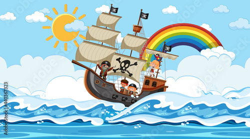Beach with Pirate ship at daytime scene in cartoon style © brgfx