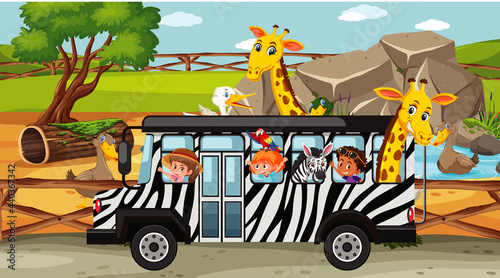 Zoo scene with children in the bus touring
