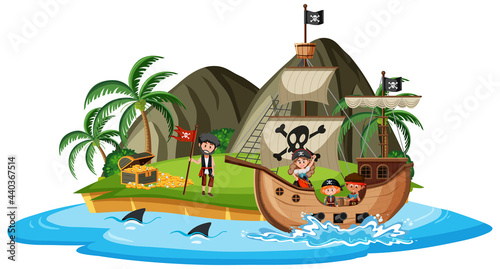 Pirate ship on island with many kids isolated on white background