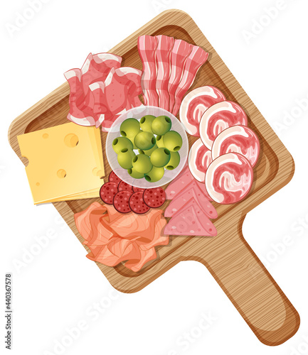 Platter of various cold meats and cheese isolated on white background