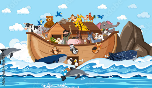 Animals on Noah's ark floating in the ocean scene