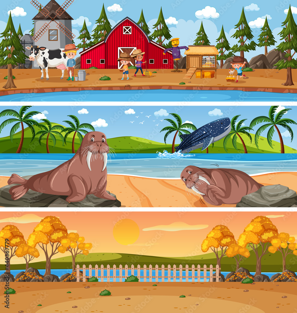 Different nature landscape at daytime scene with cartoon character