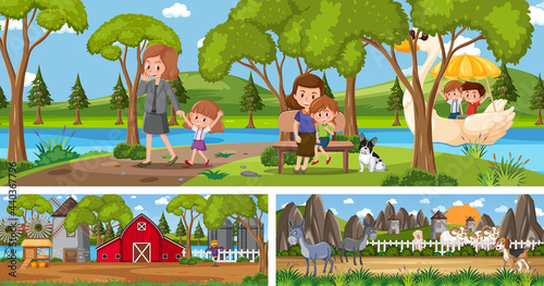 Outdoor panoramic landscape scenes set with cartoon character