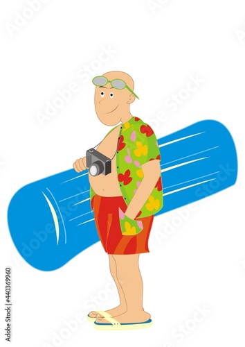 tourist with beach lounger and a camera, illustration