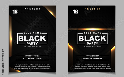 Luxury night dance party music layout cover design template background with elegant black and gold style. Light electro style vector for music event concert disco, club invitation, festival poster