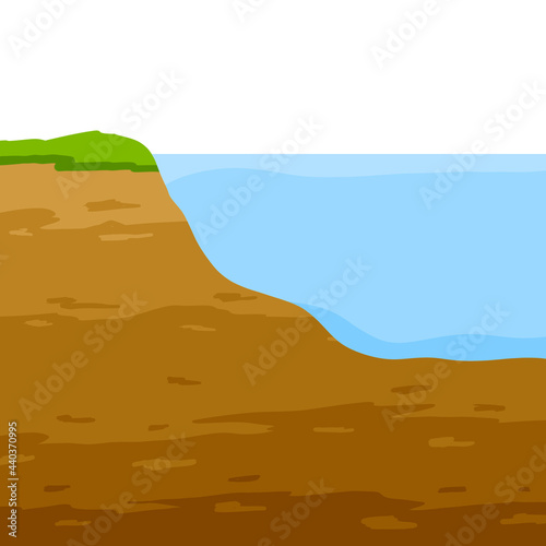 Water shore. Land in cross section. Coast of pond and bottom of lake. Ecology and geology. Flat cartoon illustration