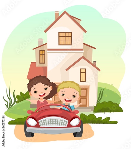 Kids goes on adventure in little car. Kid drives pedal or toy electric car. Cartoon isolated illustration for children. Summer landscape. Road and house. Vector