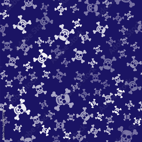 White Skull on crossbones icon isolated seamless pattern on blue background. Happy Halloween party. Vector