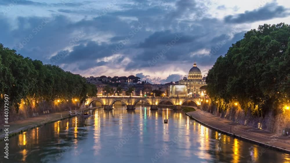 St. Peter's Basilica, Saint Angelo Bridge and Tiber River after the sunset day to night timelapse hyperlapse St. Peter's Basilica, Saint Angelo Bridge and Tiber River after the sunset day to night timelapse hyperlapse
