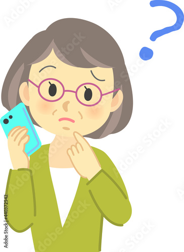 イラスト素材：眼鏡を掛けたおばあさんが携帯電話が老眼で見えづらくなって困った表情をする場面　老眼鏡
