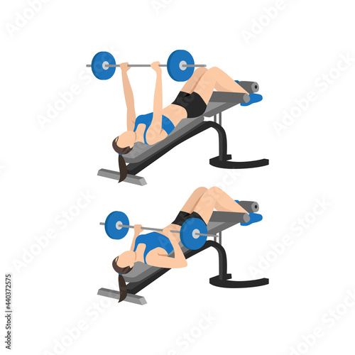 Woman doing Decline barbell bench press exercise. Flat vector illustration isolated on white background