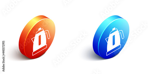 Isometric Electric kettle icon isolated on white background. Teapot icon. Orange and blue circle button. Vector
