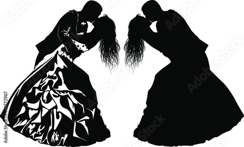 Black and white image of kissing bride and groom vector illustration