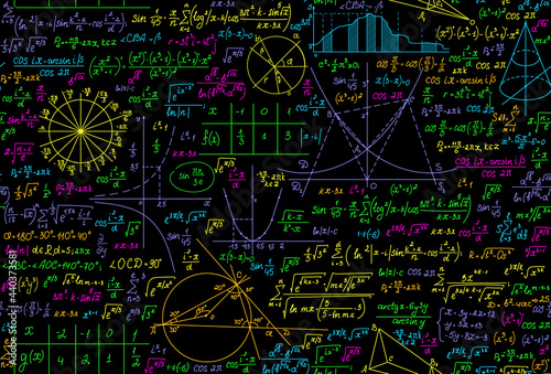 Math scientific multicolored vector seamless pattern with geometry figures, calculations and formulas	
